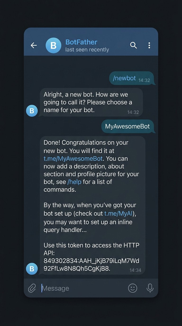 Captura de pantalla del chat con BotFather mostrando los pasos para crear un bot